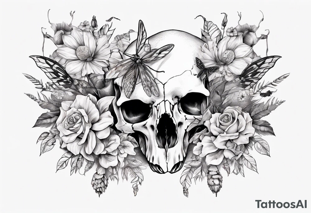 Animal skull with flowers and bugs around it tattoo idea Animal skull with flowers and bugs around it tattoo idea