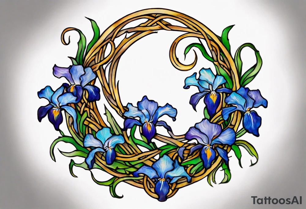 Create a small, colorful Vincent van Gogh Irises tattoo in the form of a crescent, with vines in Celtic knot style gracefully intertwining at a central point in the middle of the wreath. The intended placement is on the upper chest. The middle needs mountains. The overall design should be small in size while maintaining a delicate and artistic aesthetic. Pay attention to the graceful flow of the vines and the placement of the irises to achieve a refined and elegant look. tattoo idea