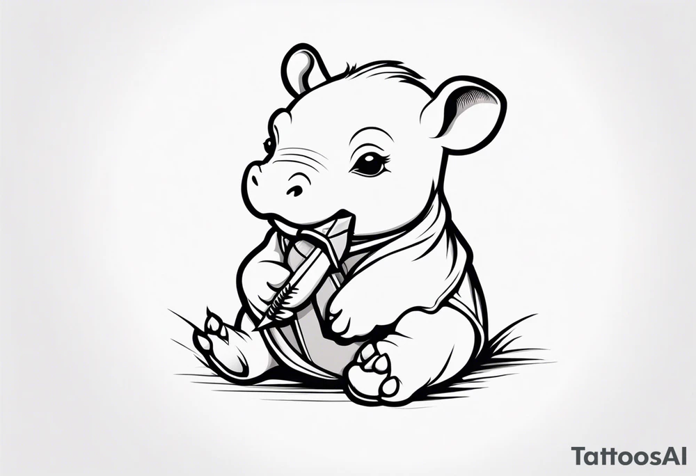 Baby hippopotamus wrapped in a swaddle and holding a knife tattoo idea