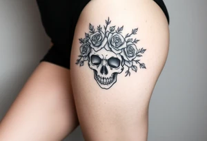 ornate skull adorned with crown of wild roses and thorns tattoo idea