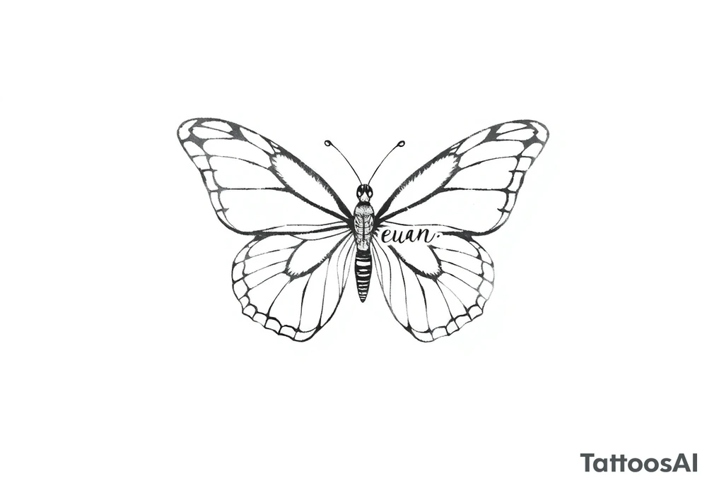 A butterfly with the name “euan” incorporated into the butterflies wings tattoo idea