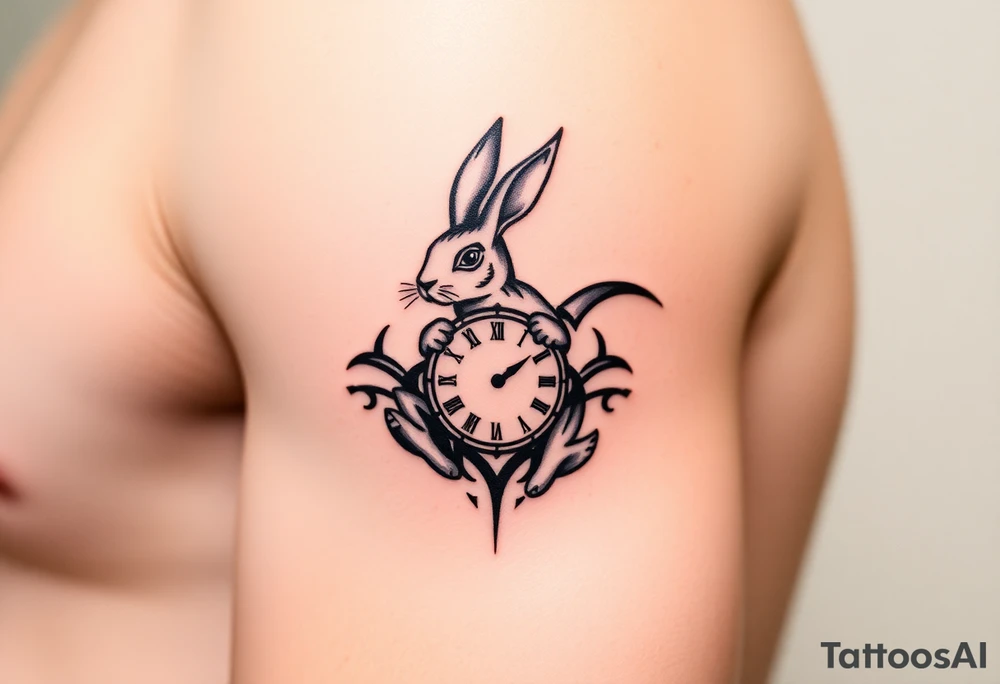 Tribal Rabbit holding a Clock tattoo idea