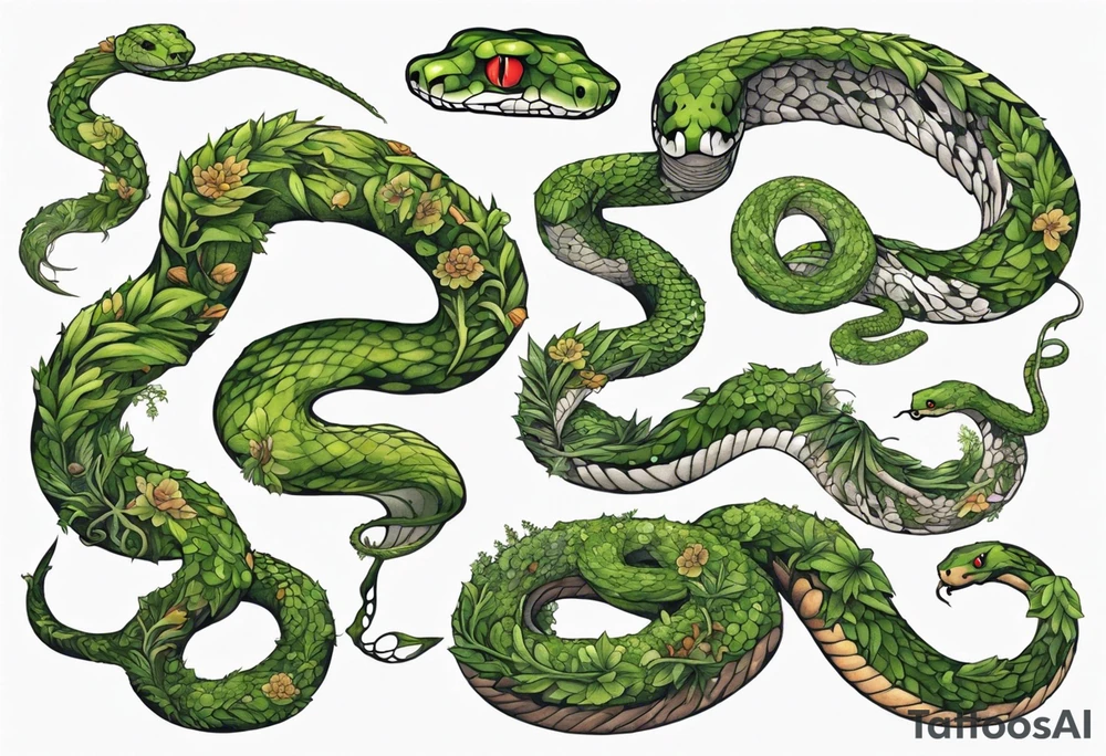 Snake covered in overgrown moss tattoo idea