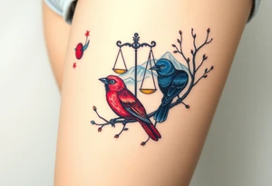 2 birds as the focus, 1 red bird in a suit, 1 navy blue bird with glasses, scales of justice in a tree, starry night painting and mountain background tattoo idea