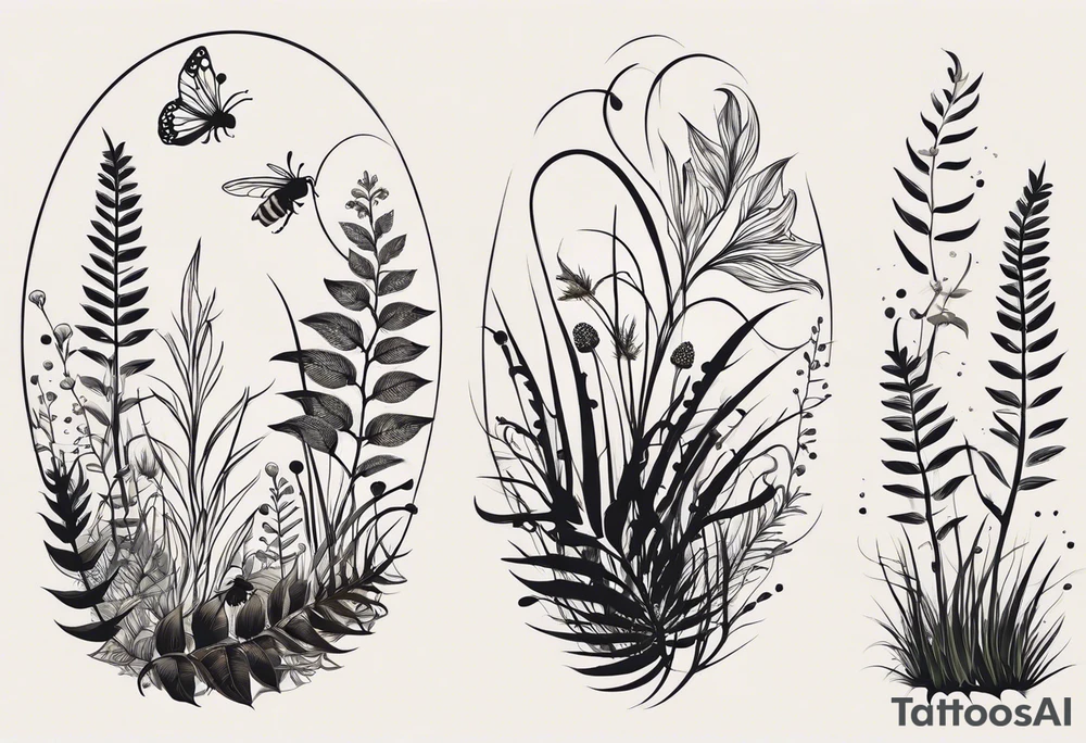 forest floor inspired minimalist tattoo, which includes grass, curly ferns, moss and dead leaves as the bulk of the tattoo. details to include: forest berries, a tiny bumblebee flying nearby, three small brown mushrooms
Generate a vertically long one tattoo idea