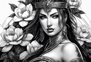 female warrior face with magnolias tattoo idea