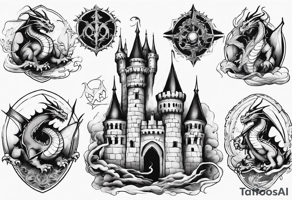 dragons protecting a castle tattoo idea