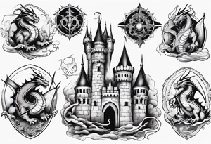 dragons protecting a castle tattoo idea