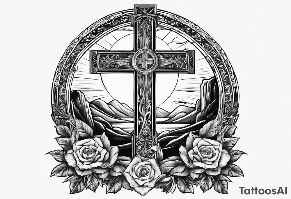Tomb with cross and sun in the background tattoo idea