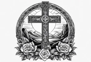 Tomb with cross and sun in the background tattoo idea