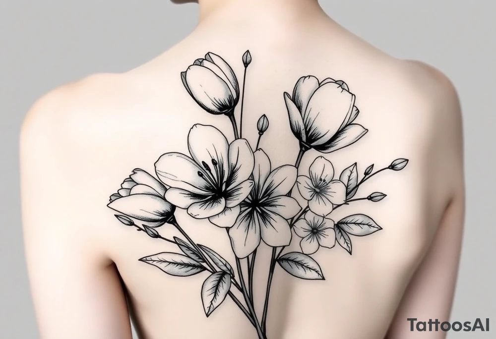 tulips, cherry blossoms and love creepers, floral arm wrap details tattoo idea