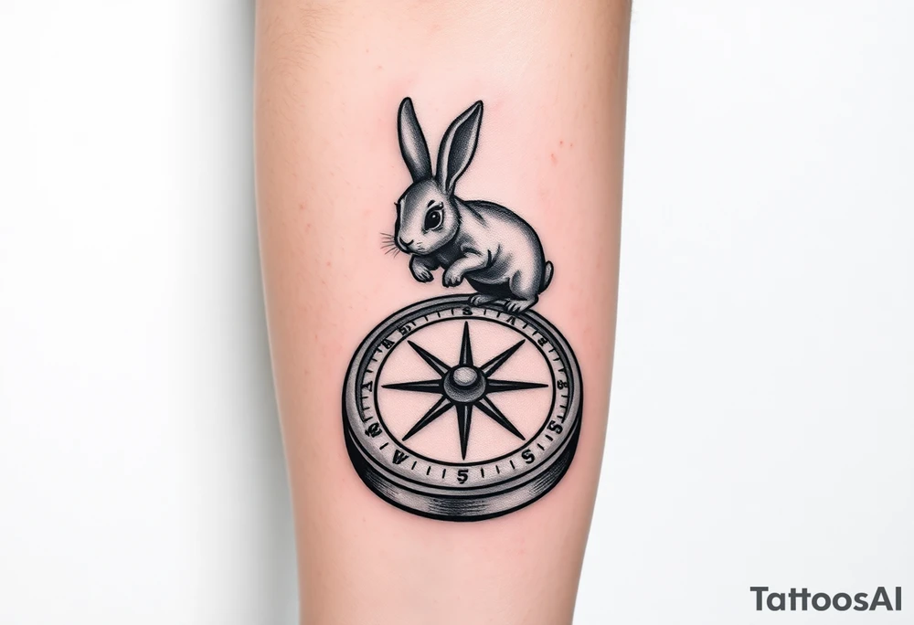 Small Rabbit jumping on top the compass that looks like a rabbit hole. tattoo idea