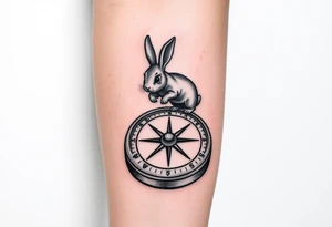Small Rabbit jumping on top the compass that looks like a rabbit hole. tattoo idea