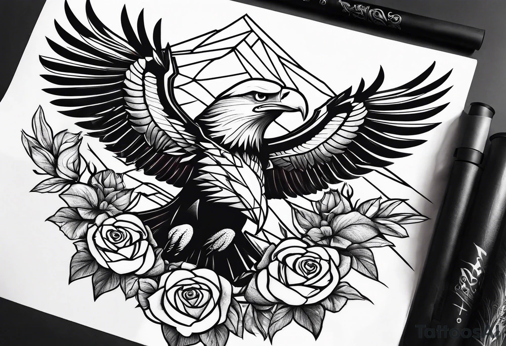 MAjestic eagle with roses tattoo idea