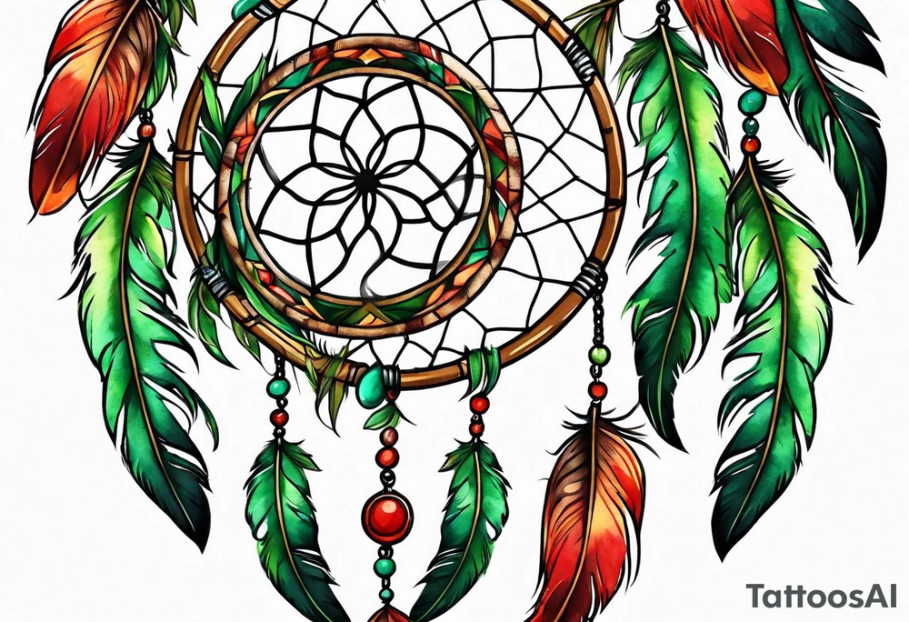 dreamcatcher with 3 feathers red green tattoo idea