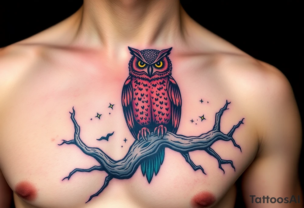 wise owl perched on ancient oak branch under starlit sky tattoo idea