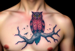 wise owl perched on ancient oak branch under starlit sky tattoo idea