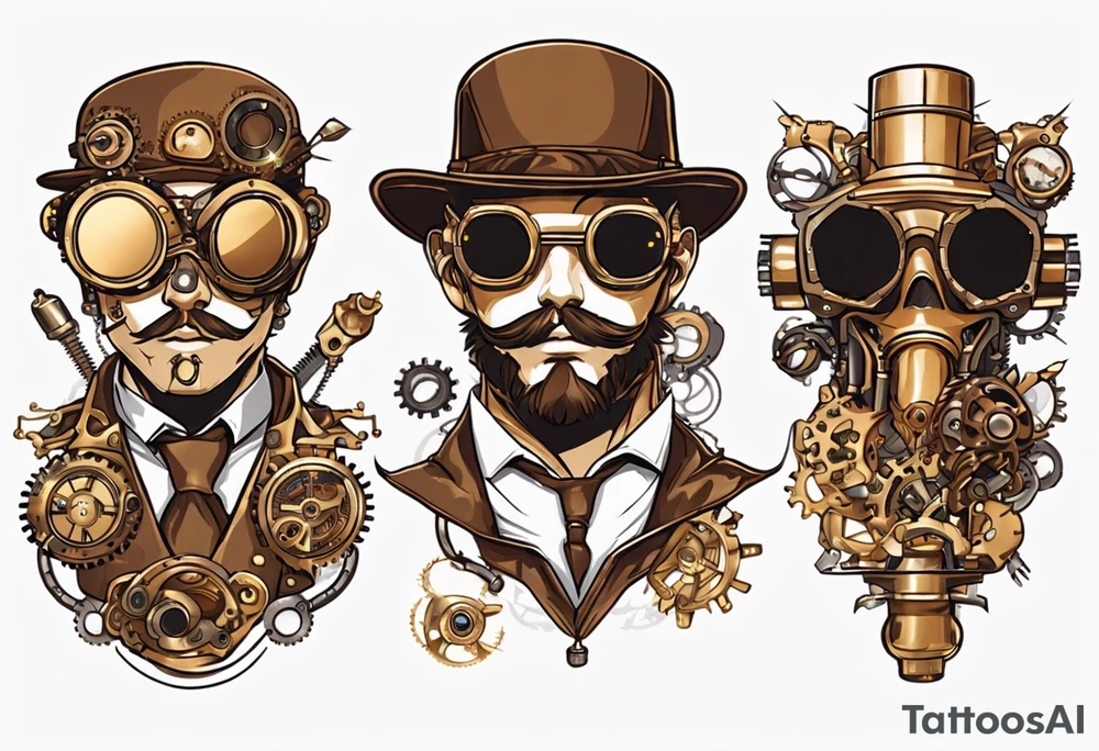 Steampunk
Anime
Gold
Brown
Sunglasses 
Mechanical devices
Leather
People tattoo idea