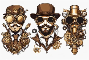 Steampunk
Anime
Gold
Brown
Sunglasses 
Mechanical devices
Leather
People tattoo idea