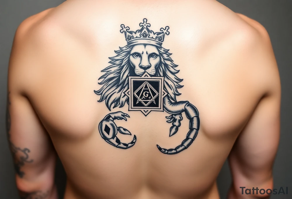 Full arm tattoo, Poseidon , a powerful and majestic lion with a crown and in the middle of this crown a square is a freemason's compass, a realistic scorpion, tattoo idea