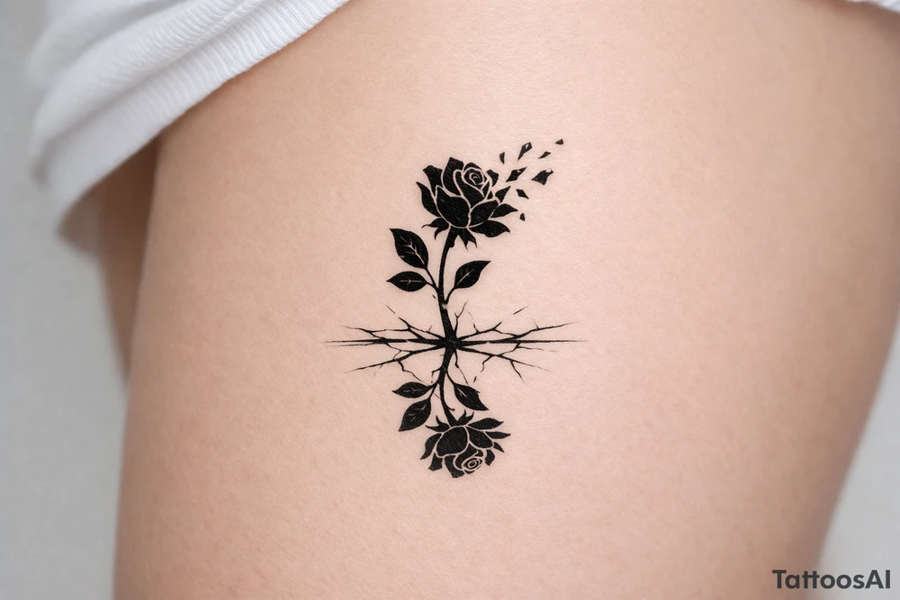 Rose silhouette, shattering petals, mirrored in a cracked surface. tattoo idea