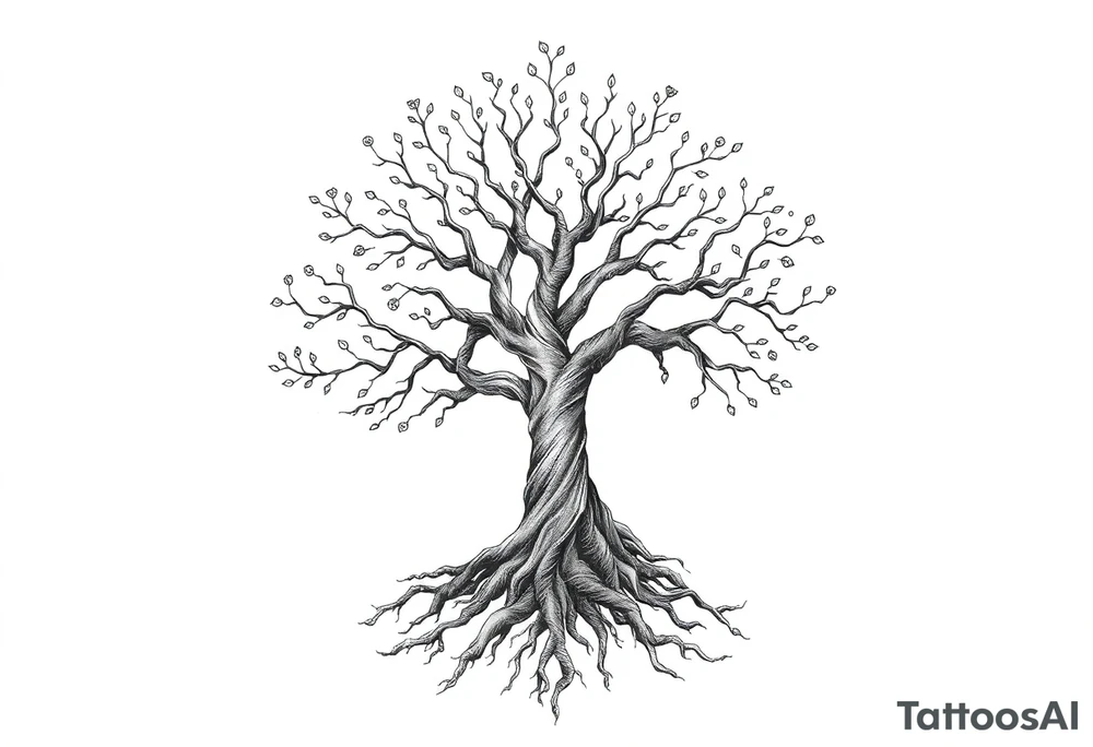 mystical tree of life with cosmic roots and celestial branches tattoo idea