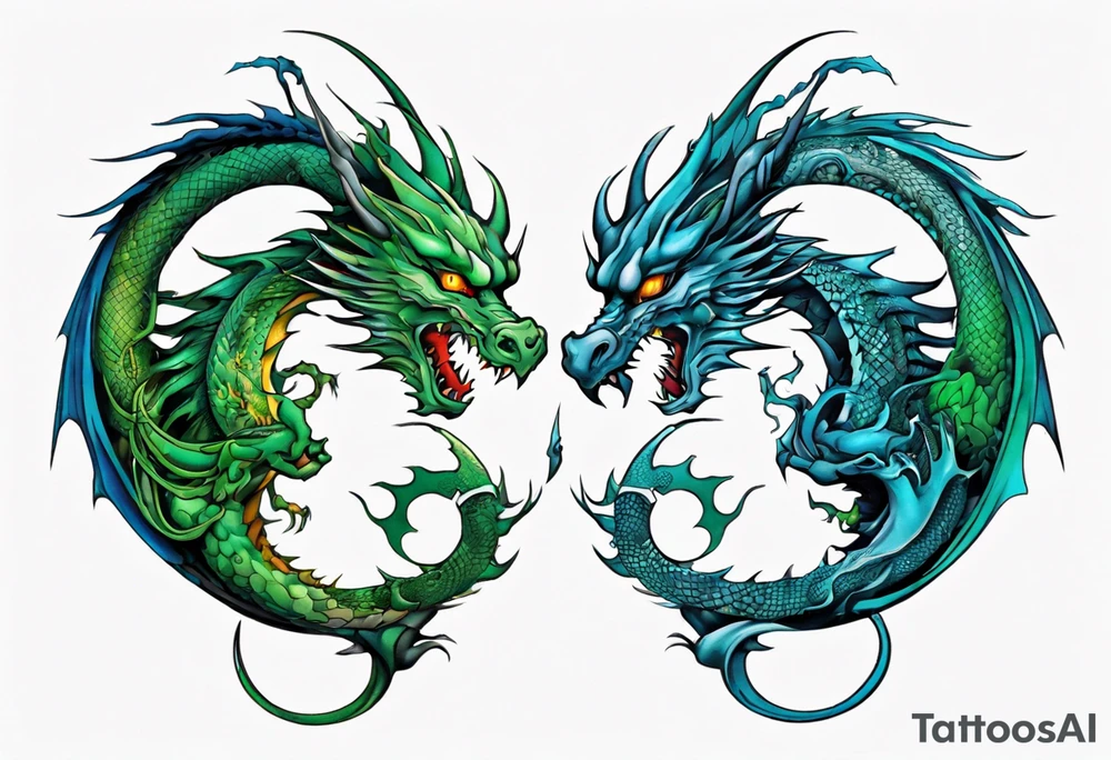 ying yang dragon half blue half green tattoo idea