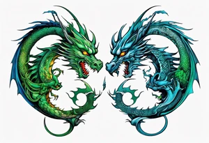 ying yang dragon half blue half green tattoo idea
