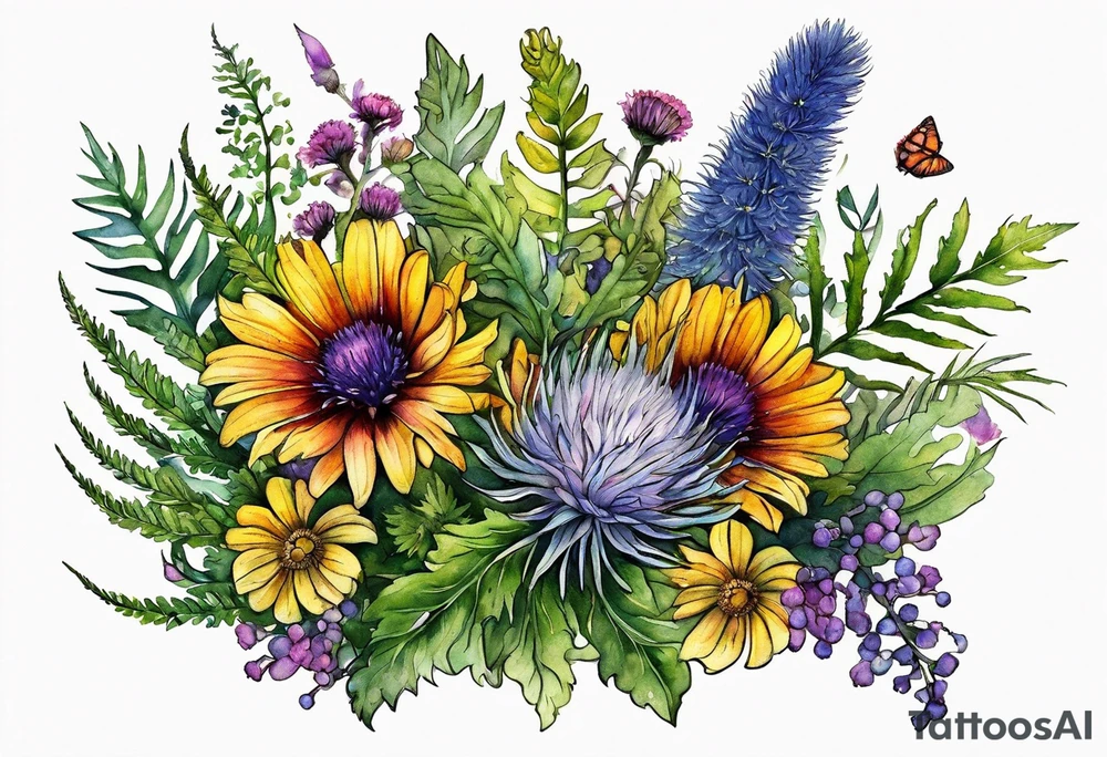 spread out mixed wildflower bouquet with ferns, thistle and with color tattoo idea