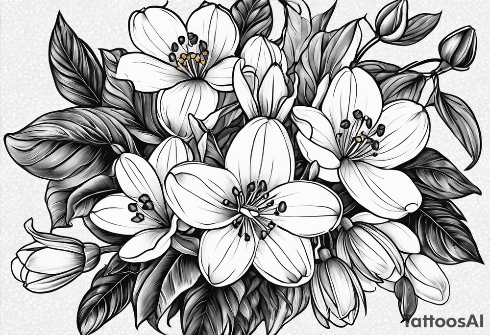 Bouquet with One snowdrop, One hawthorn flower, Two honeysuckle blooms, tattoo idea
