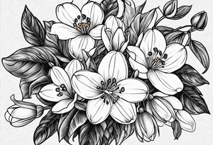 Bouquet with One snowdrop, One hawthorn flower, Two honeysuckle blooms, tattoo idea