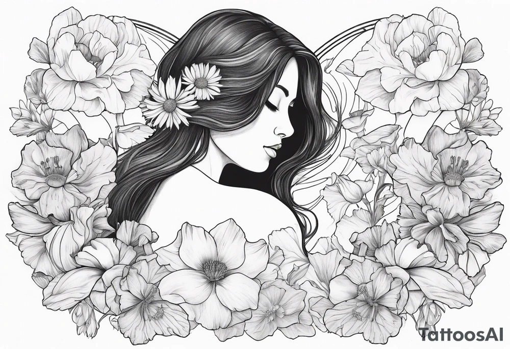 Female no face from behind outline surrounded by carnations
snow drops, iris, poppies, cosmos, and narcissus tattoo idea