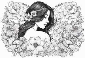 Female  no face from behind outline surrounded by carnations
snow drops, iris, poppies, cosmos, and narcissus tattoo idea