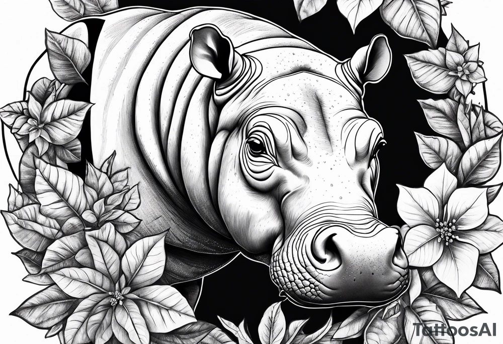 Baby hippo with poinsettia tattoo idea