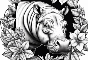 Baby hippo with poinsettia tattoo idea