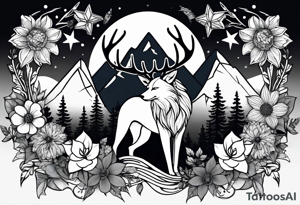 Stars, antlers, dogs, wolf, mountains, flowers, plants, dragonfly, dream catcher, birds
Design for my forearm and fist 
Nothing big or centered tattoo idea
