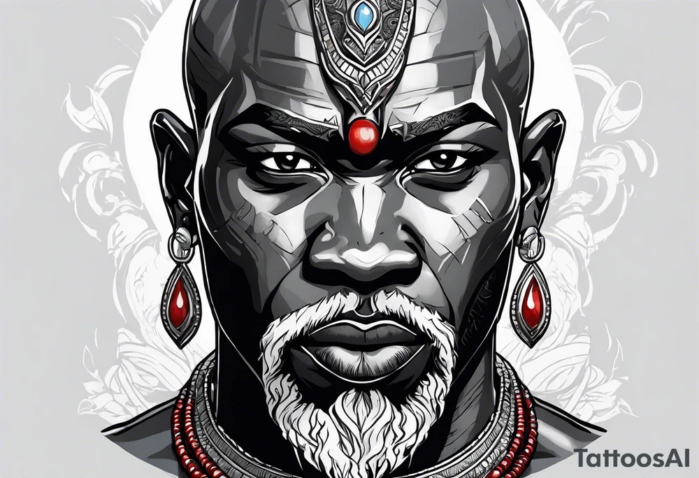 Black-skinned bald african god of war. He has a silver crown. He wears two simple necklaces: one blue, other red. Looking front tattoo idea