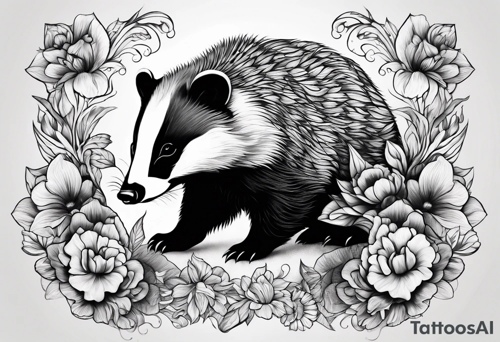 A trippy tattoo of a badger with a cub, flowers in fractal pattern tattoo idea