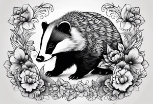A trippy tattoo of a badger with a cub, flowers in fractal pattern tattoo idea