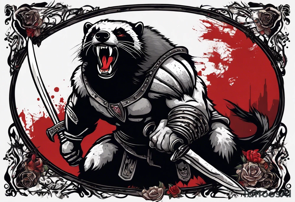 Draw me psychopath Honey Badger/Berserker with aggressive full body, killer face with a scary smile, very long nails and he attacks like a Bloody Assassin/Warrior/Gladiator to us and also, he has very deadly looking. He fights with his nails. Everybody scares after their first sight. Give me horror type Badger Tattoo. I want to see his Realistic full body. tattoo idea