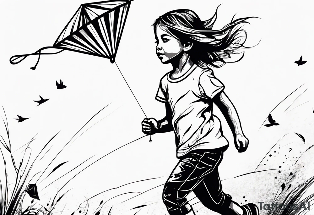 a little girl running away holding a kite tattoo idea