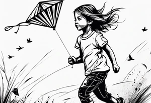 a little girl running away holding a kite tattoo idea