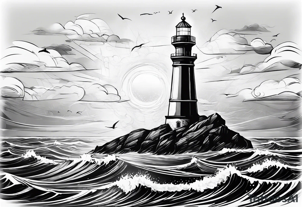 phare maritime dans un bateau a voiles vu du devant. tattoo idea