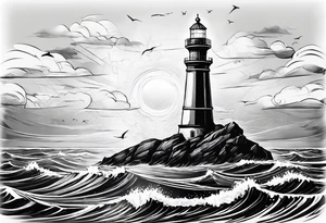 phare maritime dans un bateau a voiles vu du devant. tattoo idea