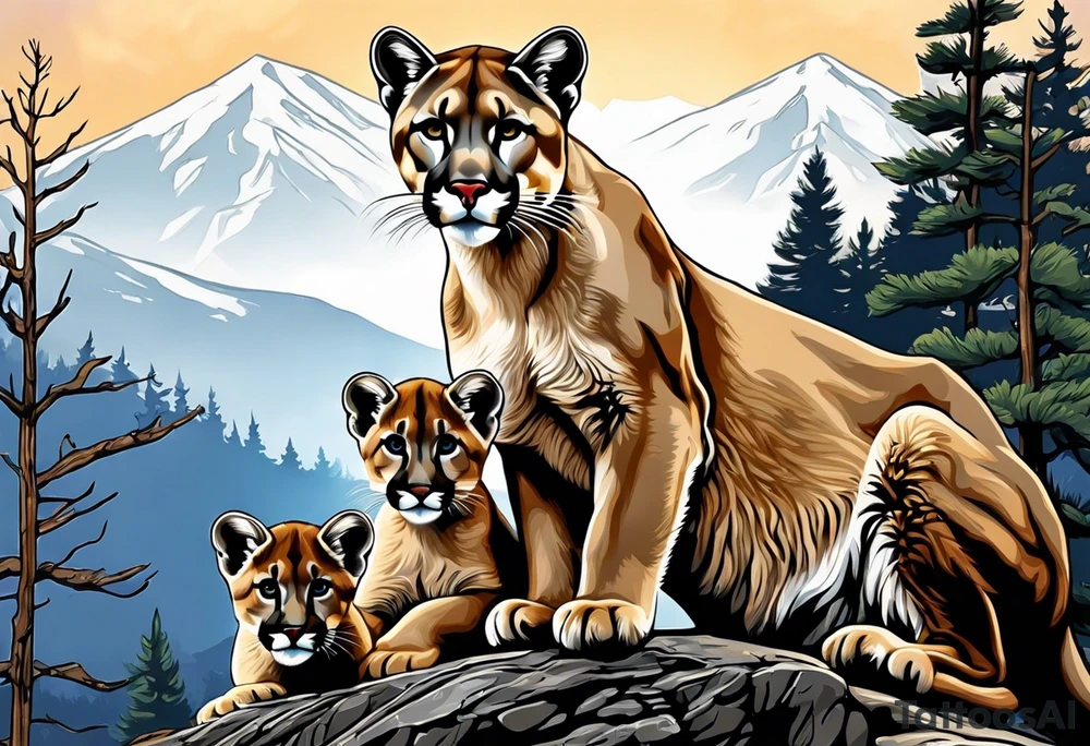 Mother mountain lion with 2 cubs tattoo idea