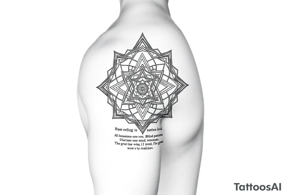 Black ink. Start from wrist, up to a few inches above the elbow, and wrap all around the arm. Use densely interwoven scared geometry symbols of peace, prosperity, health, compassion, and spiritual awakening and enlightenment. Interweave the word “Rakan” and the word “Dalea”. And finally, interweave this text:

All beings one body, I vow to liberate.
Blind passions one root, I vow to terminate.
Dharma gates one mind, I vow to penetrate.
The great Way of Buddha, I vow to realize. tattoo idea