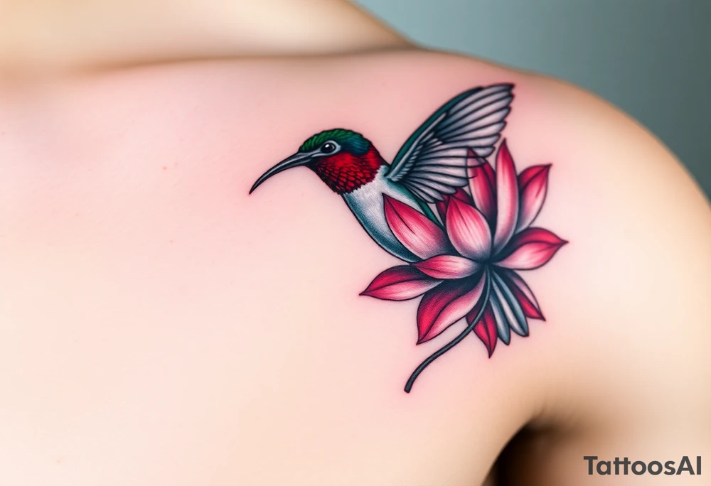A Hummingbird Drinking from a Lotus Flower (only red , blue and black are possible colors) tattoo idea
