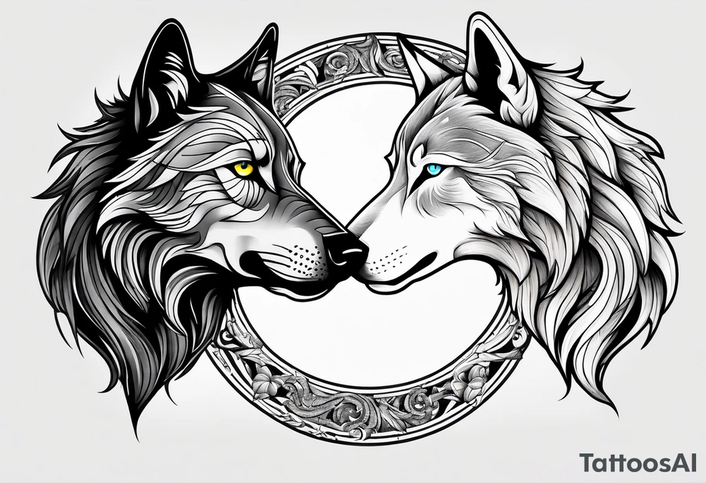 black wolf and white wolf in a ying yang style tattoo idea