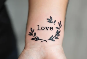Minimalist black typewriter font surrounded by delicate olive branches in deep green. tattoo idea