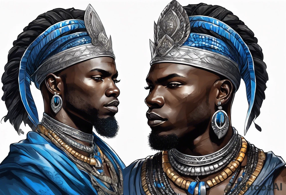 Black-skinned bald african warrior orisha with a simple silver crown. He uses blue necklaces and has a sword tattoo idea